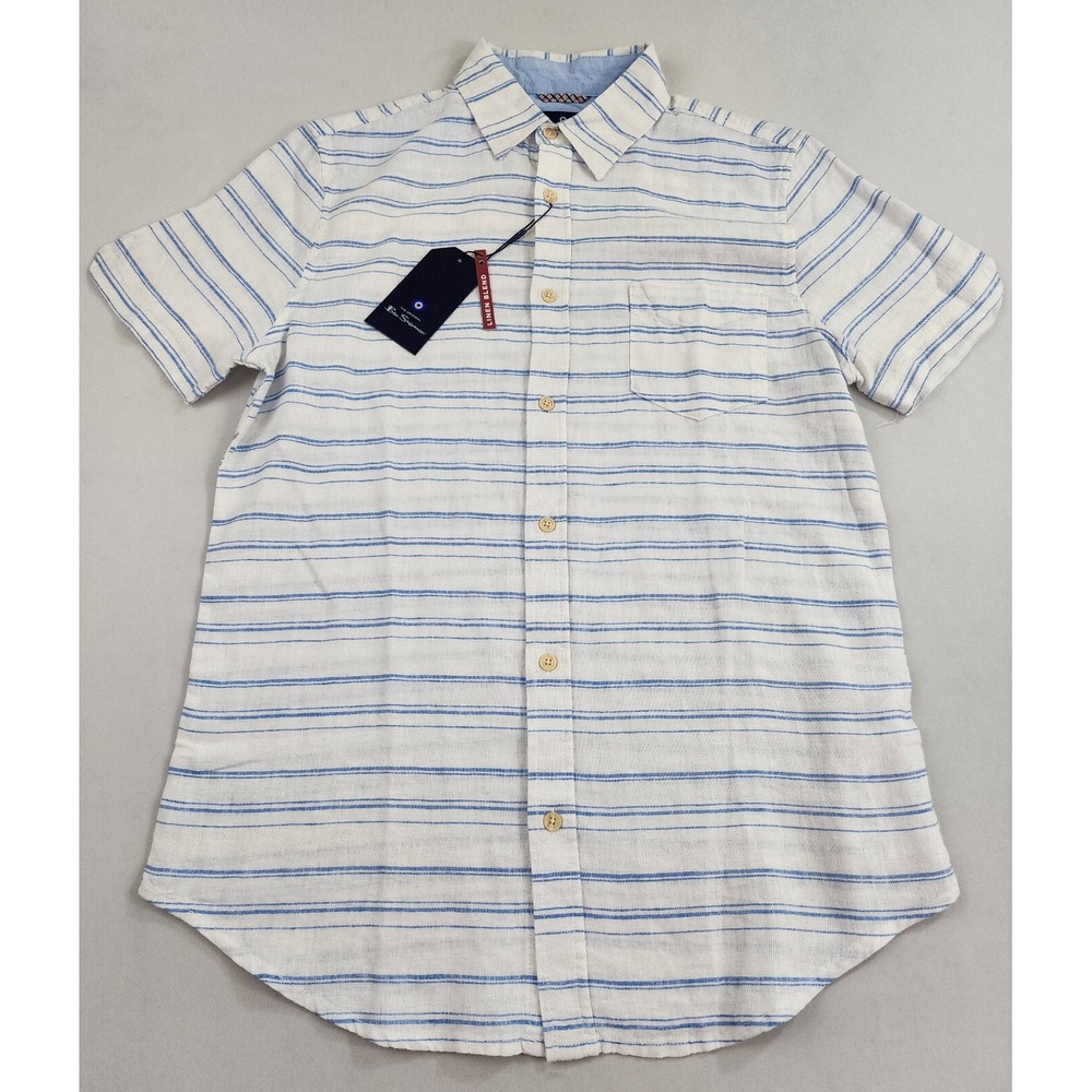 Ben Sherman Mens Shirt Short Sleeve Small BS14SW021B Linen White Blue Striped